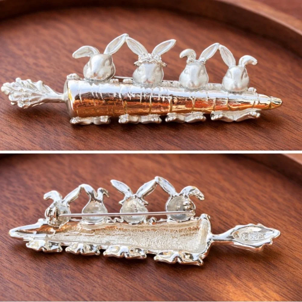 Vintage Coro Bunny Rabbits on Carrot Brooch Silver Tone Easter Pin